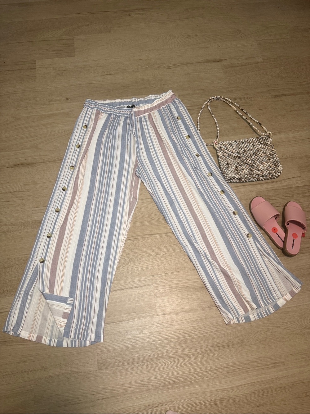 Plus Size lightweight Striped Wide Leg Button-Trim Pants in Blue & Beige